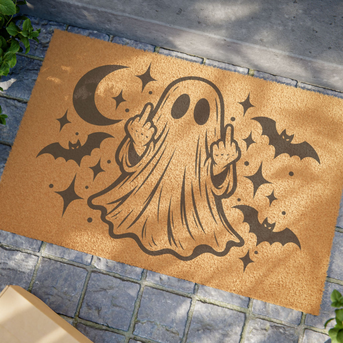 Spooky Ghost Doormat — Middle Finger Ghost with Bats & Moon, Funny Halloween Welcome Mat
