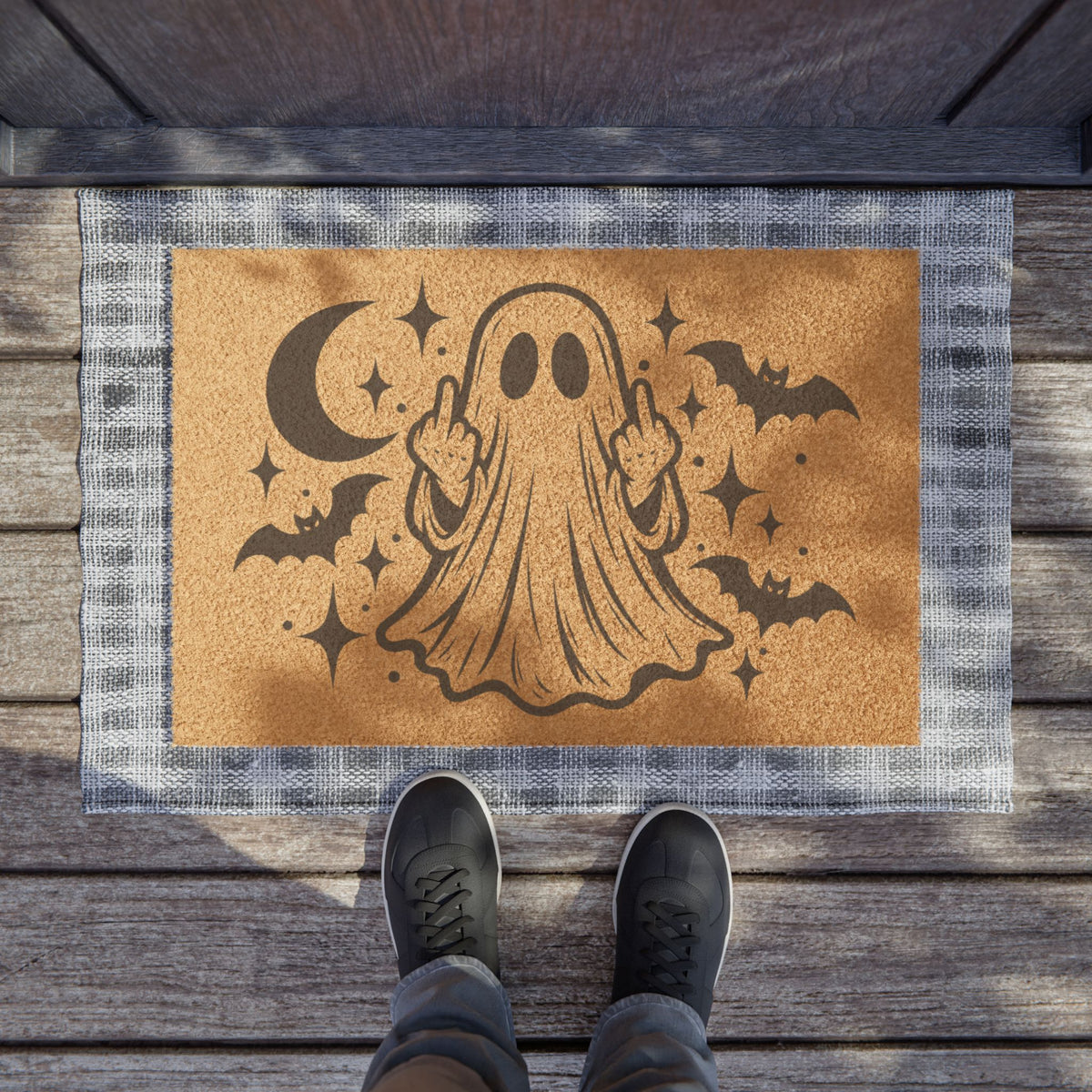 Spooky Ghost Doormat — Middle Finger Ghost with Bats & Moon, Funny Halloween Welcome Mat