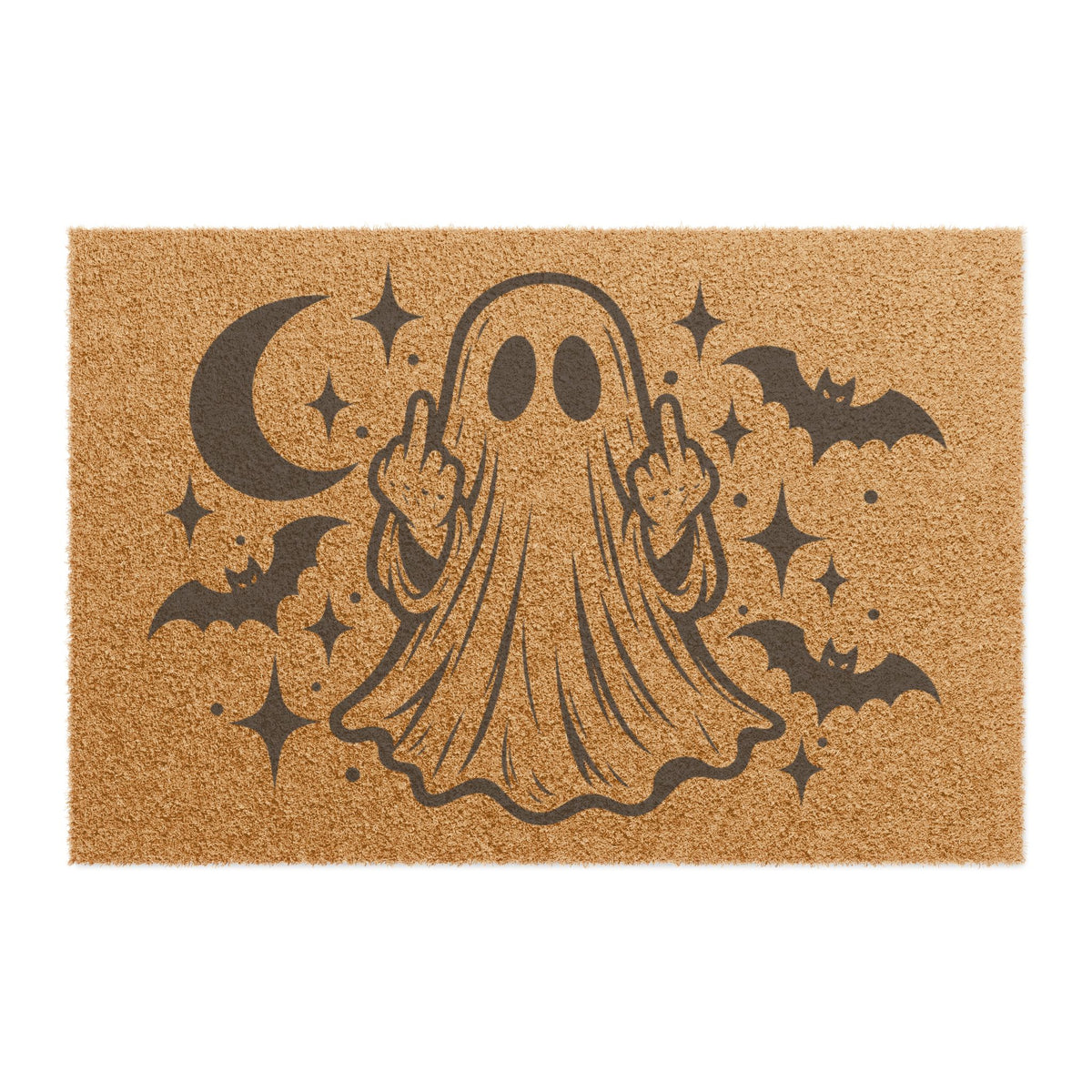 Spooky Ghost Doormat — Middle Finger Ghost with Bats & Moon, Funny Halloween Welcome Mat